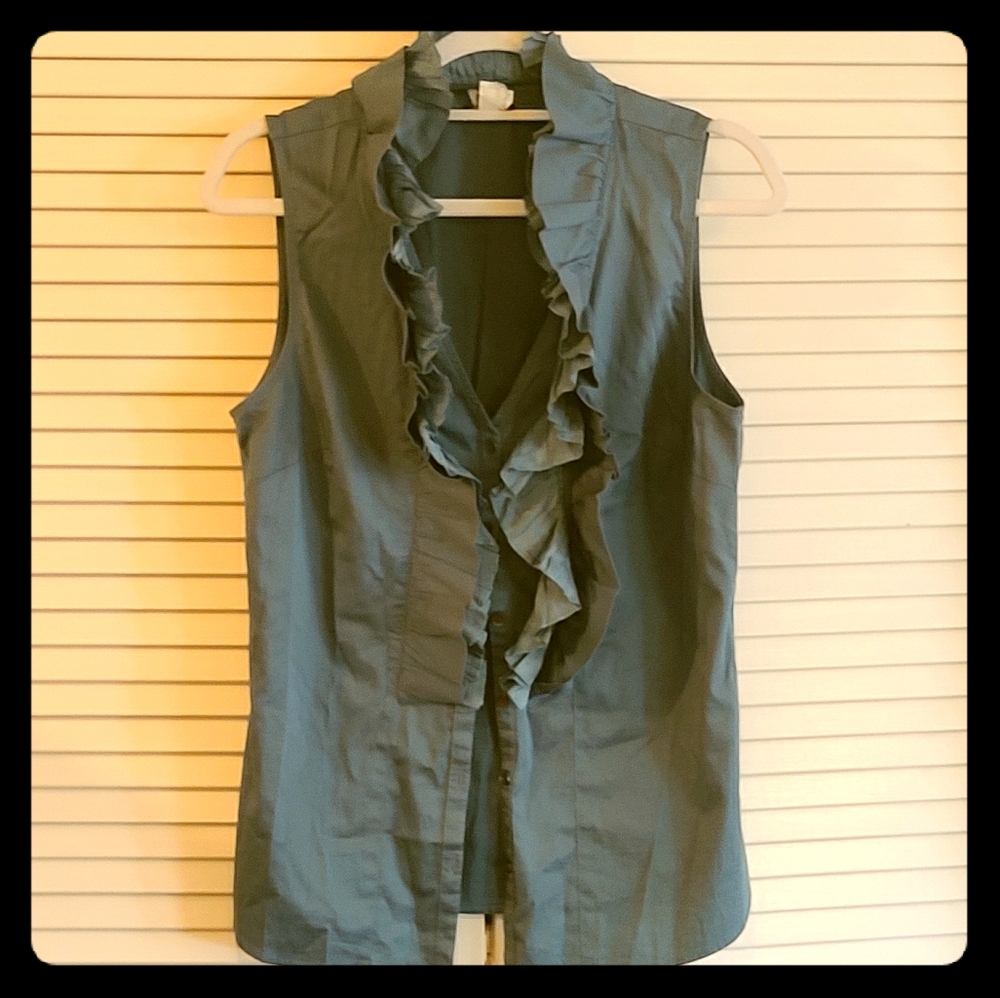 Teal blue button down short sleeve blouse w/button